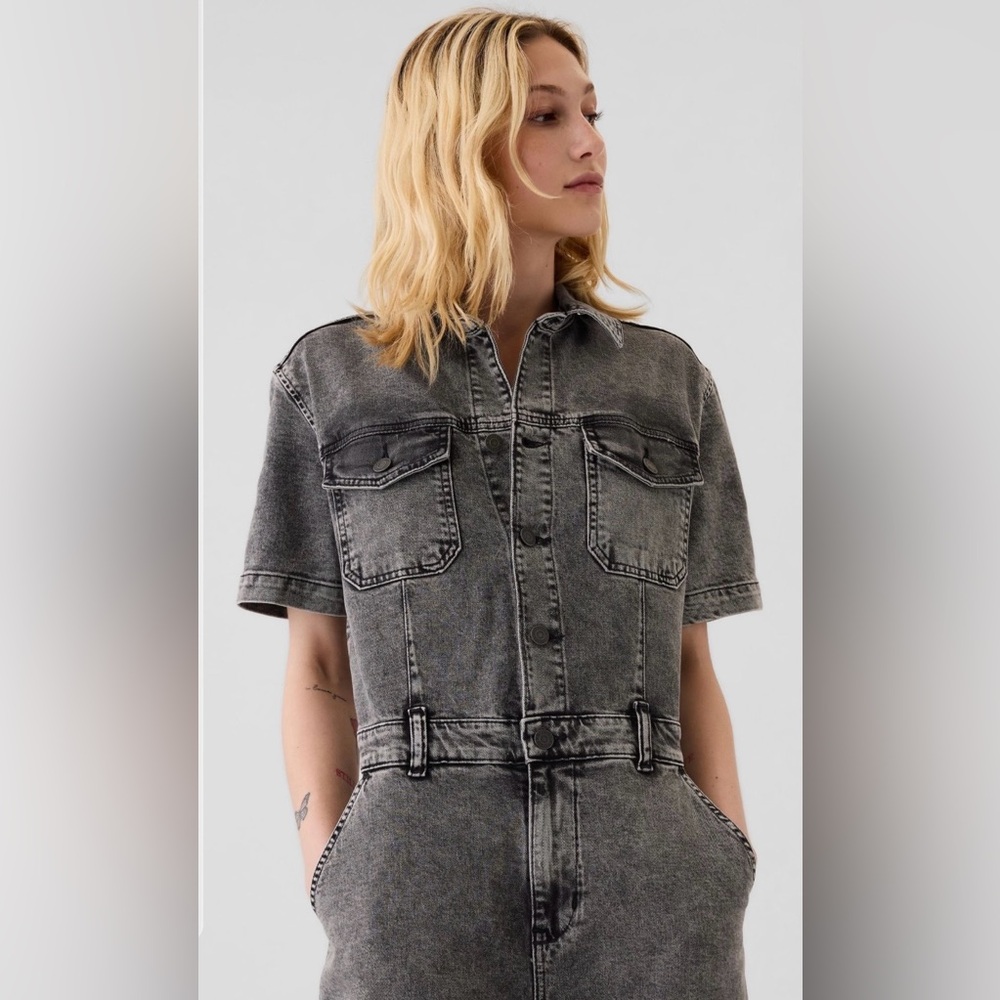 Grey Denim Short-Sleeve Jumpsuit